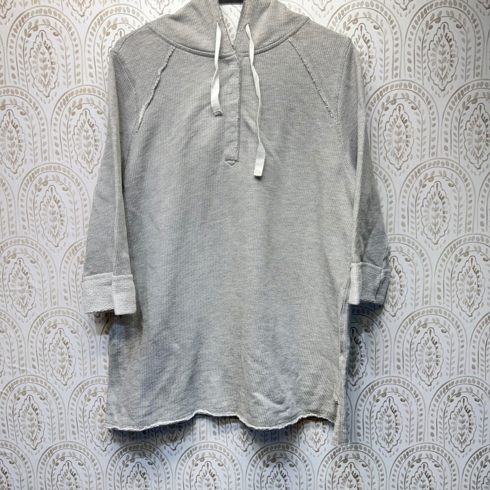 Soft Surroundings Hoodie Women XL Gray Waffle Knit Henley 3/4 Sleeve Casual Top